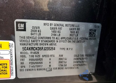 2015 Buick Enclave z USA, uszkodzony, nr VIN 5GAKRCKD6FJ235264